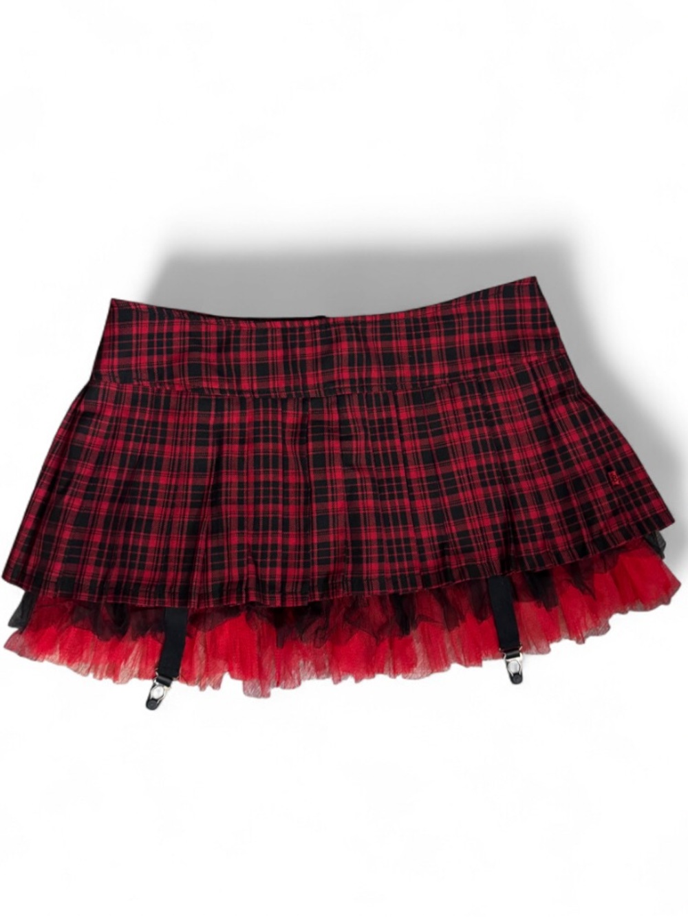 Tripp NYC Royal Bones Plaid Pleated Micro Mini Skirt Punk Mall Goth Tulle Garter